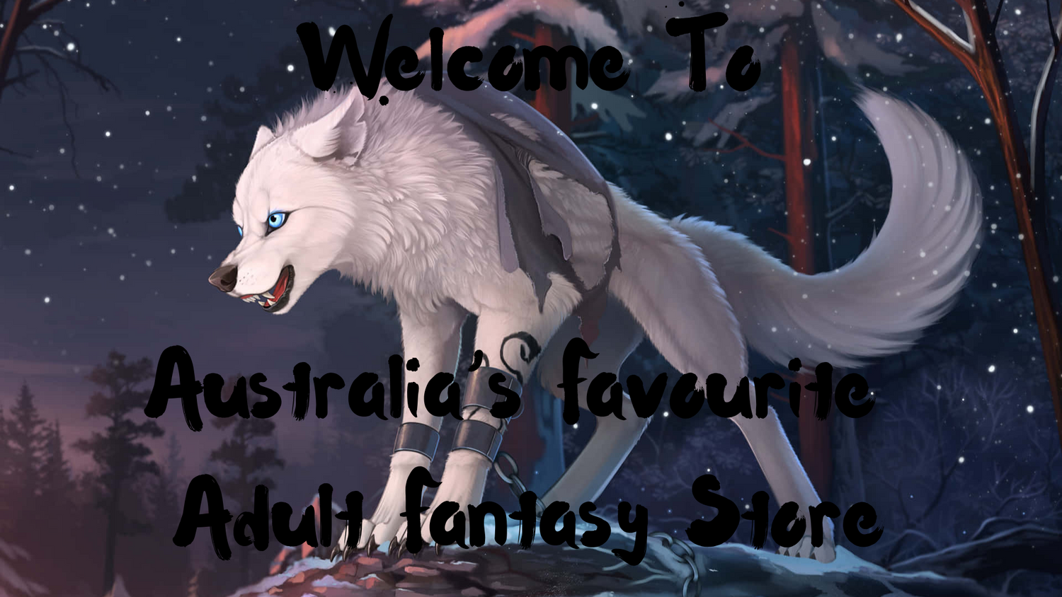 Dragon Fantasy Dildos welcome message with wolf background